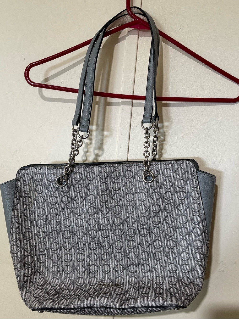Calvin Klein Gray CK Monogram Tote with Chain Straps